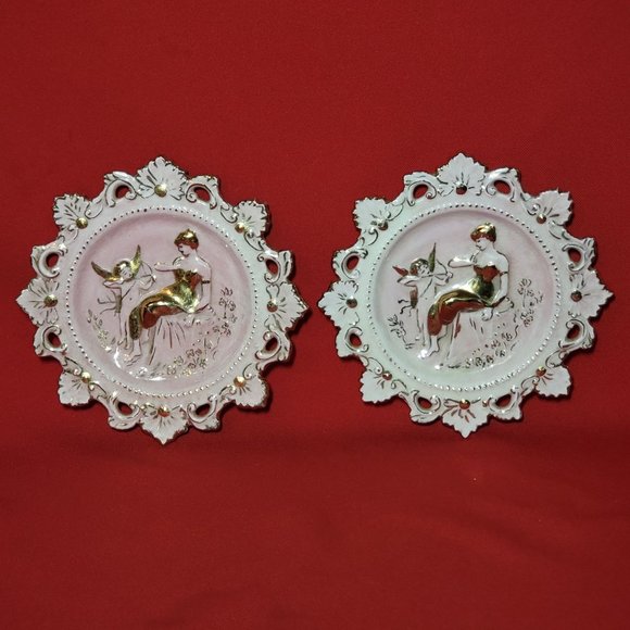 VTG Decorative Dish Cupid & Victorian Woman Gold Pink Painted Fluer De Lis Borde - Picture 1 of 11